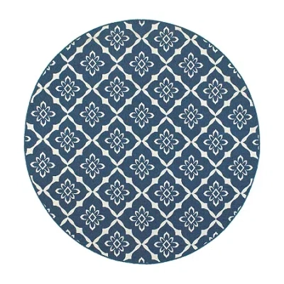 Covington Home Marquesas Floral Diamond 7'10"x7'10" Indoor Outdoor Round Area Rug In Blue
