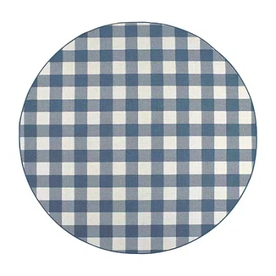 Covington Home Martinique Gingham Plaid 7'10" X 7'10" Indoor Outdoor Round Area Rug In Blue