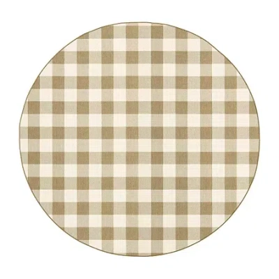 Covington Home Martinique Gingham Plaid 7'10" X 7'10" Indoor Outdoor Round Area Rug In Sand