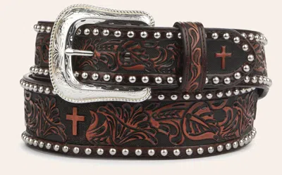 Cowboy Chrome Men's Brown Leather Floral Cross Tooling With Silver Studs Western Belt