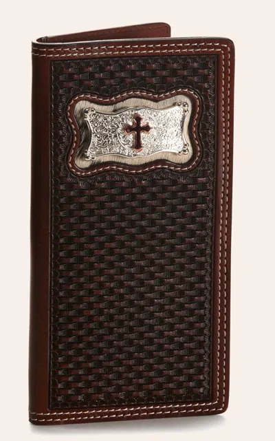 Cowboy Chrome Men's Dark Brown Basketweave With Cross Concho Rodeo Wallet
