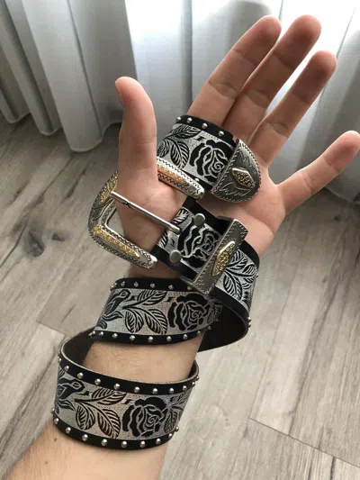 Pre-owned Cowboy Equipment X Made In Usa Cowboy Style Roses Print Leather Belt Vintage In Black/gray