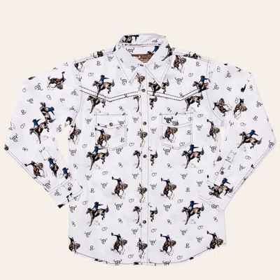 Cowboy Hardware Boys' White Bronco Print Pearl Snap Long Sleeve Western Shirt