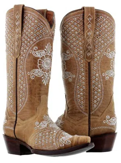 Pre-owned Cowboy Professional Womens Light Brown Wedding Western Cowgirl Boots Rhinestone Distressed Snip Toe