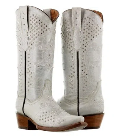 Pre-owned Cowboy Professional Womens Pearl White Wedding Western Cowgirl Boots Rhinestone Distressed Snip Toe