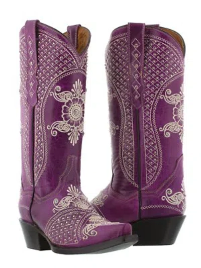 Pre-owned Cowboy Professional Womens Purple Wedding Western Cowgirl Boots Studded Distressed Leather Snip Toe