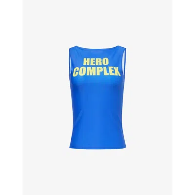 Cowboys Of Habit Womens  Hero Complex Slogan-print Stretch-jersey Tank Top In Blue