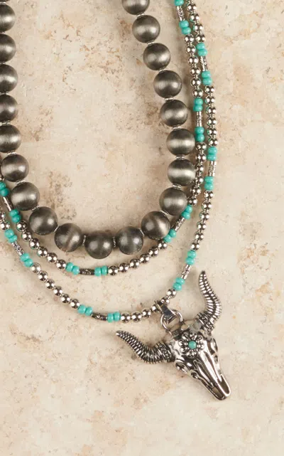 Cowgirl Con Fetti 3 Strand Silver And Turquoise With Floral Skull Pendant Necklace In Multi