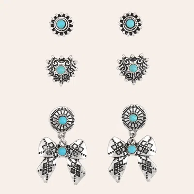 Cowgirl Con Fetti Darling Desire Silver & Turquoise Three Piece Earring Set In Blue