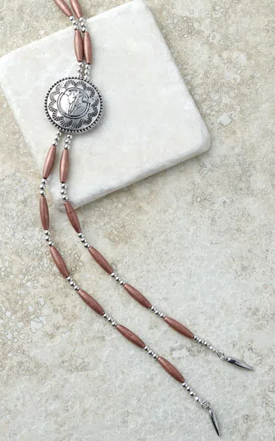 Cowgirl Con Fetti Etched Longhorn Concho Silver & Copper Beaded Bolo Style Necklace In Brown