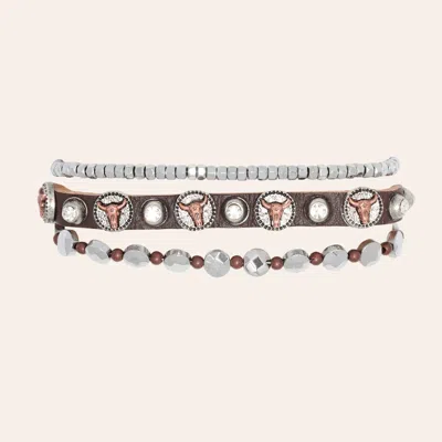 Cowgirl Con Fetti Ranch Dreams Silver & Leather Cuff Bracelet Set In White
