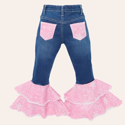 Cowgirl Hardwar Babies' E Toddler Girls' Pink Double Ruffle Medium Wash Jeans In Blue