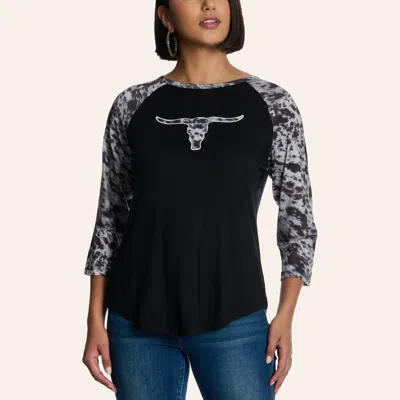 Cowgirl Hardwar E Women's Black & Cowhide Print Longhorn Graphic Raglan Top