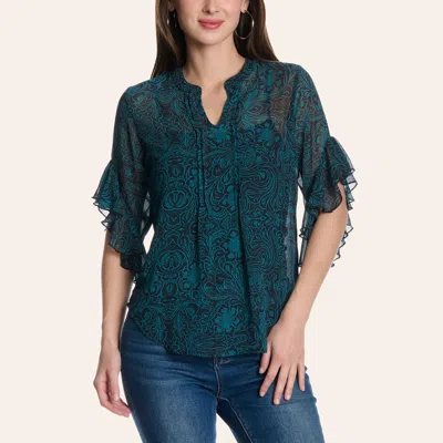 Cowgirl Hardwar E Women's Black & Turquoise Tooled Floral Print Three-quarter Ruffled Sleeve Top