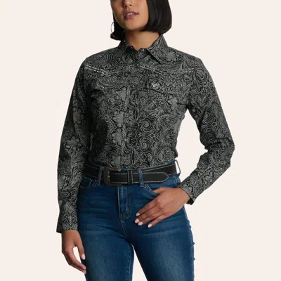 Cowgirl Hardwar E Women's Black & White Floral Filigree Print Western Shirt