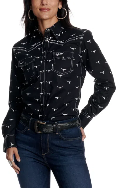 Cowgirl Hardwar E Women's Black & White Skull Print Western Shirt
