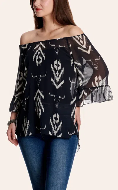 Cowgirl Hardwar E Women 's Black Aztec & Skull Print Off Shoulder Top