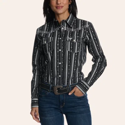 Cowgirl Hardwar E Women's Black Aztec & Stripe Print Long Sleeve Pearl Snap Western Shirt