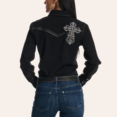 Cowgirl Hardwar E Women's Black Cross Embroidered Long Sleeve Pearl Snap Western Shirt