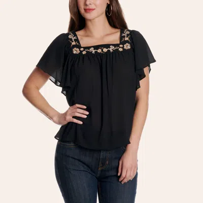 Cowgirl Hardwar E Women's Black Embroidered Floral Square Neck Top