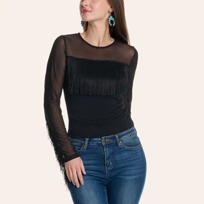 Cowgirl Hardwar E Women's Black Fringed Long Sleeve Mesh Top