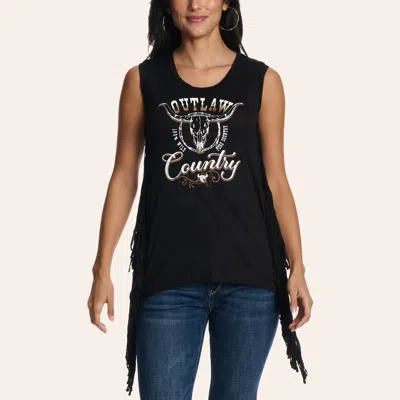 Cowgirl Hardwar E Women's Black Outlaw Country Graphic Fringe Sleeveless Top