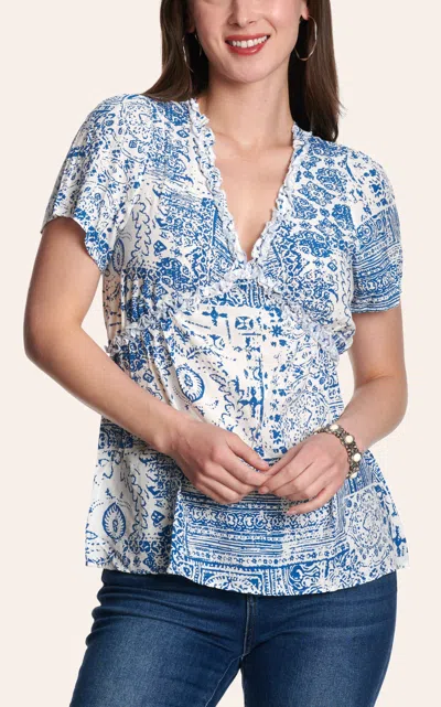 Cowgirl Hardwar E Women's Blue & White Distressed Bandana Ruffle Top