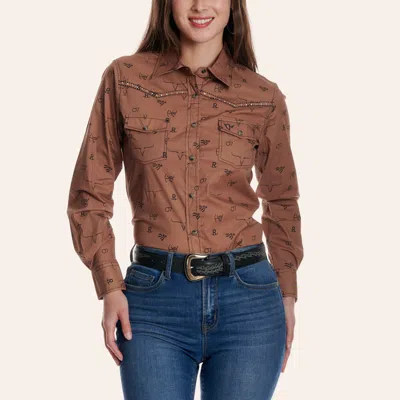 Cowgirl Hardwar E Women's Brown Branding Irons Print Western Shirt
