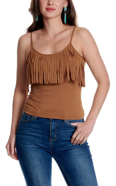 Cowgirl Hardwar E Women's Caramel Fringe Faux Suede Tank Top In Sand