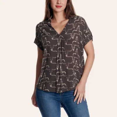 Cowgirl Hardwar E Women's Chocolate Cow Skull Print V-neck Top In Brown