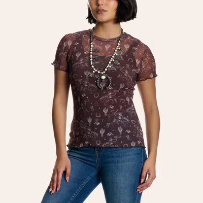 Cowgirl Hardwar E Women's Coffee Western Print Mesh Top In Brown