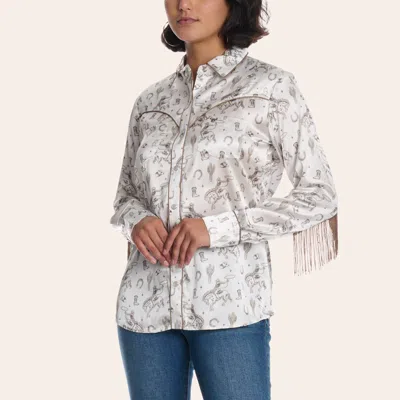 Cowgirl Hardwar E Women's Cream Buck & Boots Print Fringed Long Sleeve Pearl Snap Western Shirt In White