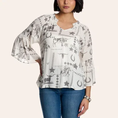 Cowgirl Hardwar E Women's Cream Western Print 3/4 Sleeve Top In White