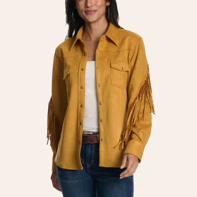 Cowgirl Hardwar E Women's Gold Faux Suede Fringe Shirt Jacket In Brown