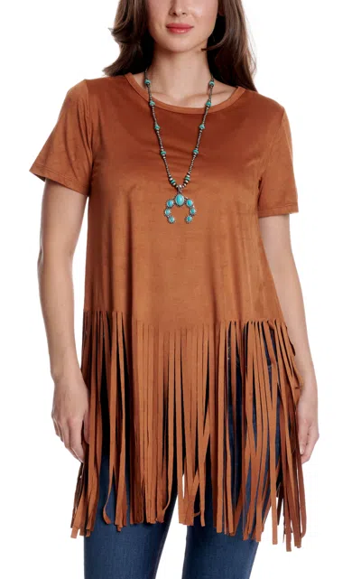 Cowgirl Hardwar E Women's Mocha Faux Suede Fringe Bottom Top In Brown