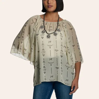 Cowgirl Hardwar E Women's Tan Branded Print Mesh Angel Sleeve Top In Brown
