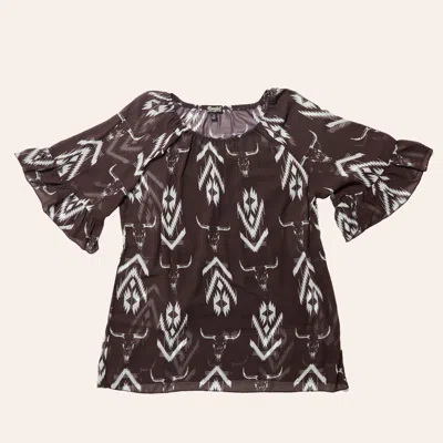 Cowgirl Hardwar E Women's Washed Chocolate Aztec Skull Print Top In Brown