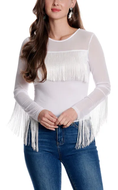Cowgirl Hardwar E Women's White Mesh Yoke & Fringe Long Sleeve Top
