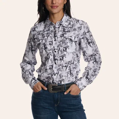 Cowgirl Hardwar E Women's White Running Horses Print Long Sleeve Pearl Snap Western Shirt