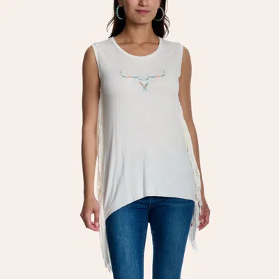 Cowgirl Hardware White Embroidered Aztec Steer Skull Fringed Tank Top