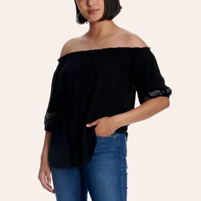 Cowgirl Hardware Women's Black Boot Stitch Embroidered Off-the-shoulder Top