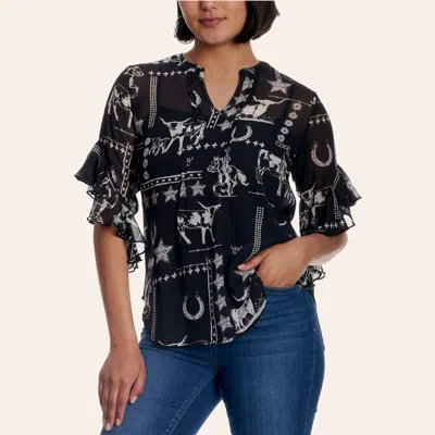 Cowgirl Hardware Women's Black Western Print Mesh Three Quarter Ruffle Sleeve Top