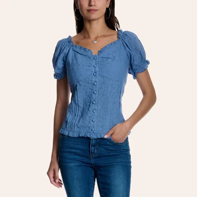 Cowgirl Hardware Women's Blue Floral Eyelet Puff Sleeve Top