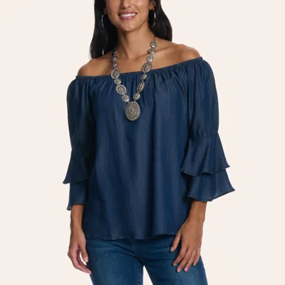 Cowgirl Hardware Women's Blue Tencel Off-the-shoulder Double Ruffle Bell Sleeve Top