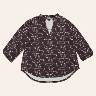 Cowgirl Hardware Women's Brown Longhorn Skull Print Three Quarter Sleeve Top In Black