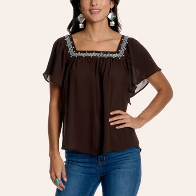 Cowgirl Hardware Women's Dark Brown Floral Embroidered Cap Sleeve Top