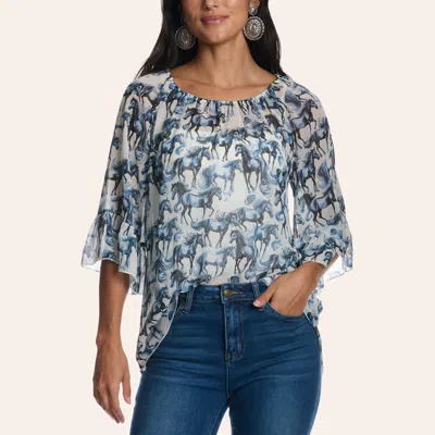 Cowgirl Hardware Women's Navy Horse Herd Print Bell Sleeve Top In Blue