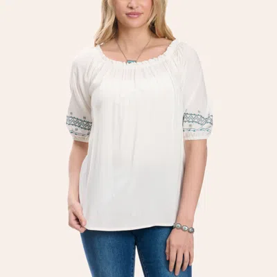 Cowgirl Hardware Women's White Aztec Embroidered Peasant Top
