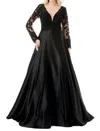 Coya Collection Long Sleeve Satin Ball Gown In Black In Black