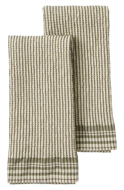 Coyuchi Waffle Plaid Kitchen Towels In Bay Leaf